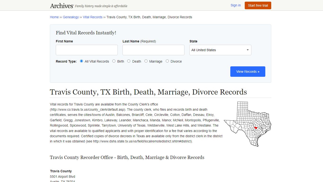 Travis County, TX Birth, Death, Marriage, Divorce Records